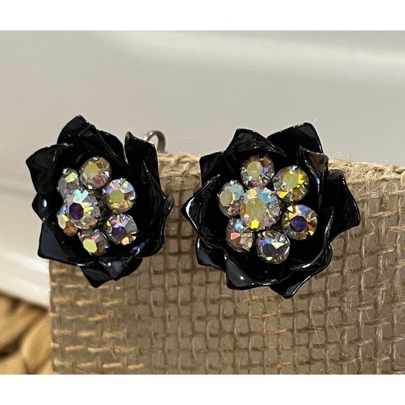 VTG Rhinestone Clip On Floral Earrings Black Enamel Aurora Borealis Whimsigoth - Picture 5 of 11